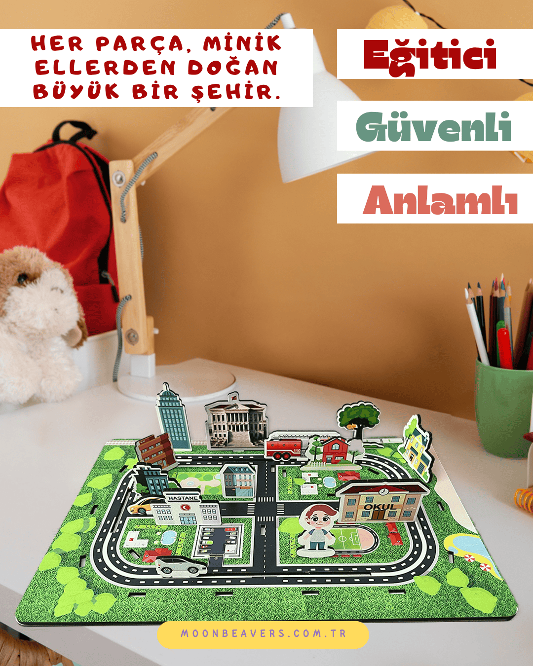 bina, yol, okul, hastane gibi parçalarla interaktif şehir kurma