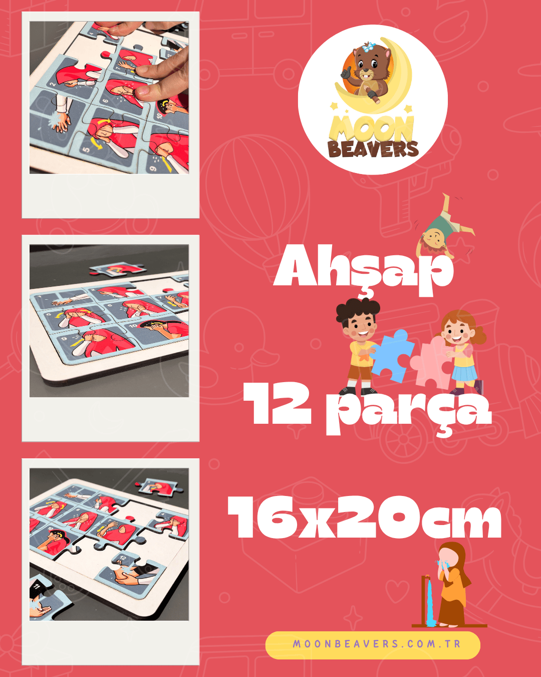 Kızlar İçin Abdest Öğreten Ahşap Puzzle Moon Beavers™