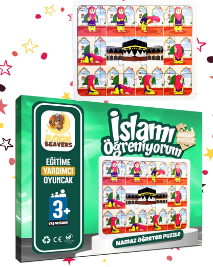 2’li Abdest ve Namaz Öğreten Ahşap Puzzle Seti | Kız Çocuklar İçin Eğitici Seri (24 Parça - 16x20 cm)