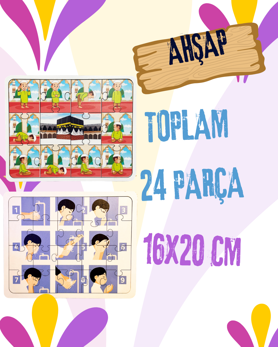 2’li Abdest ve Namaz Öğreten Ahşap Puzzle Seti | Erkek Çocuklar İçin Eğitici Seri (24 Parça - 16x20 cm)