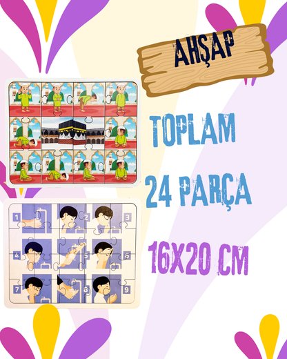 2’li Abdest ve Namaz Öğreten Ahşap Puzzle Seti | Erkek Çocuklar İçin Eğitici Seri (24 Parça - 16x20 cm)