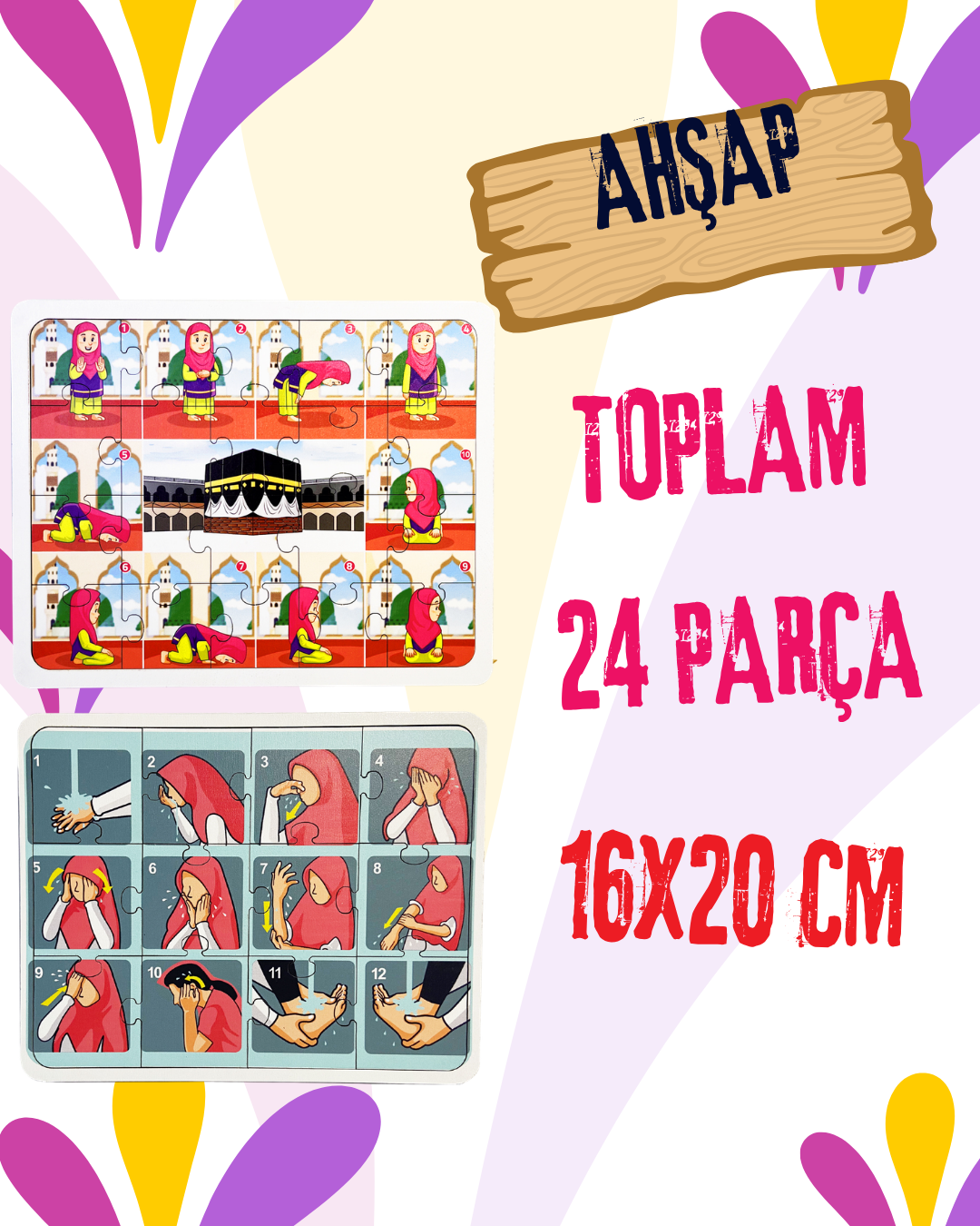 2’li Abdest ve Namaz Öğreten Ahşap Puzzle Seti | Kız Çocuklar İçin Eğitici Seri (24 Parça - 16x20 cm)