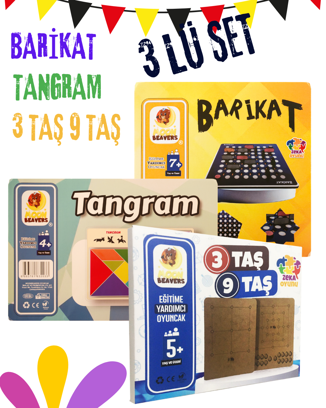 3’lü Akıl ve Strateji Oyunları Seti Ahşap | Barikat + Tangram + 3-9 Taş