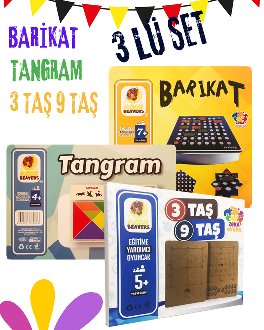 3’lü Akıl ve Strateji Oyunları Seti Ahşap | Barikat + Tangram + 3-9 Taş