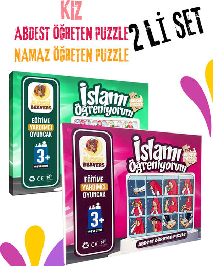 2’li Abdest ve Namaz Öğreten Ahşap Puzzle Seti | Kız Çocuklar İçin Eğitici Seri (24 Parça - 16x20 cm)