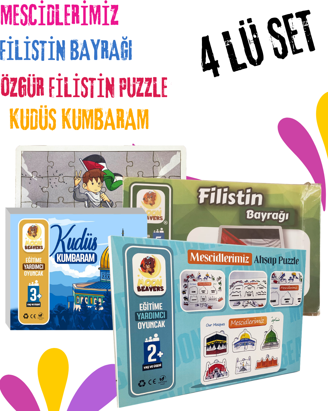 4’lü Büyük Kudüs Bilinci ve İslam Mukaddesatı Eğitim Seti | Mescidlerimiz + Kudüs Kumbaram + Özgür Filistin Puzzle + Filistin Bayrağı