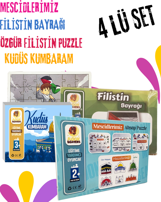 4’lü Büyük Kudüs Bilinci ve İslam Mukaddesatı Eğitim Seti | Mescidlerimiz + Kudüs Kumbaram + Özgür Filistin Puzzle + Filistin Bayrağı