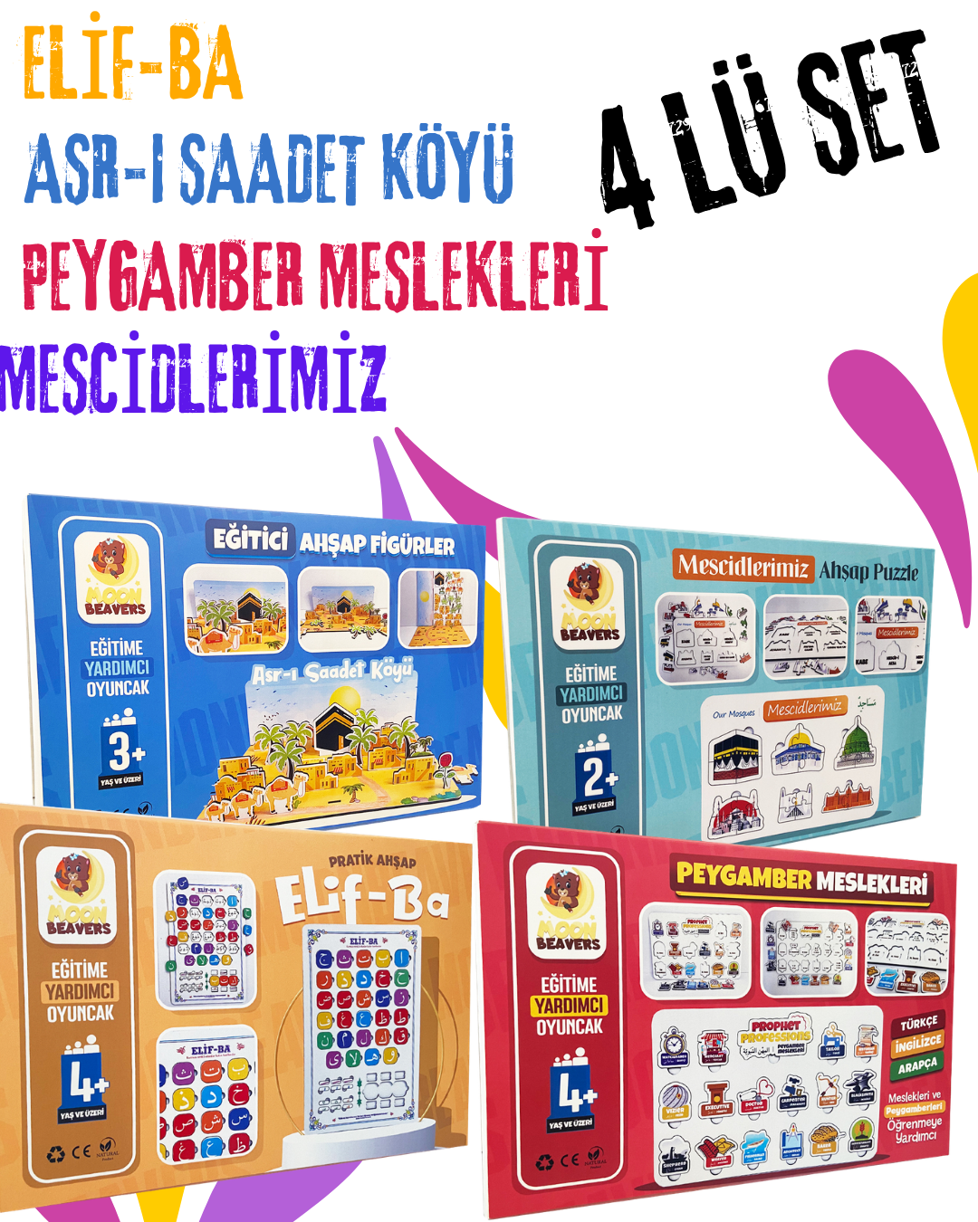 4’lü Büyük İslam Tarihi ve Bilinç Eğitim Seti | Elif-Ba + Asr-ı Saadet Köyü + Peygamber Meslekleri + Mescidlerimiz (Eğitici Ahşap Seri)