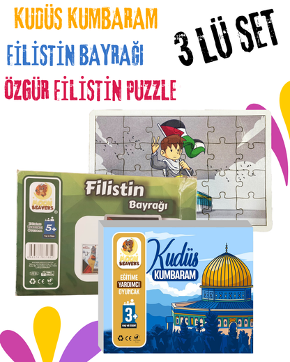 3’lü Özgür Filistin ve Kudüs Bilinci Seti | Kudüs Kumbaram + Özgür Filistin Puzzle + Filistin Bayrağı (Eğitici Seri)
